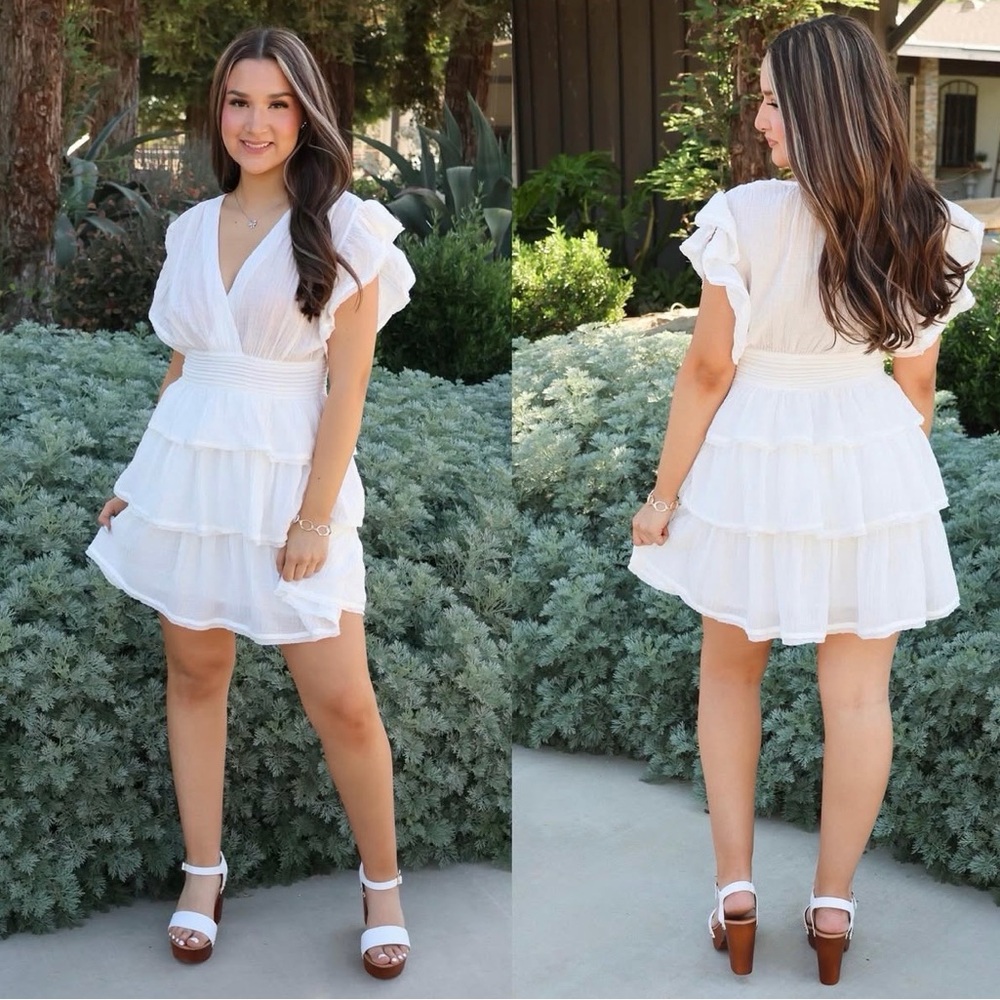 Olivaceous Elegant White Tiered Mini Dress